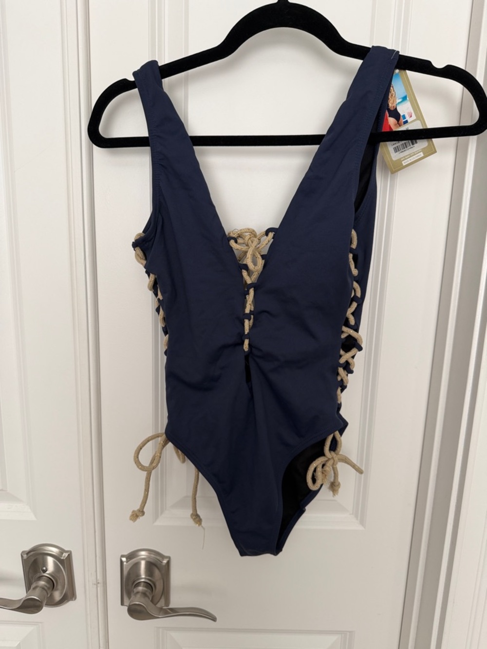 Navy one piece bathing suit with drawstrings